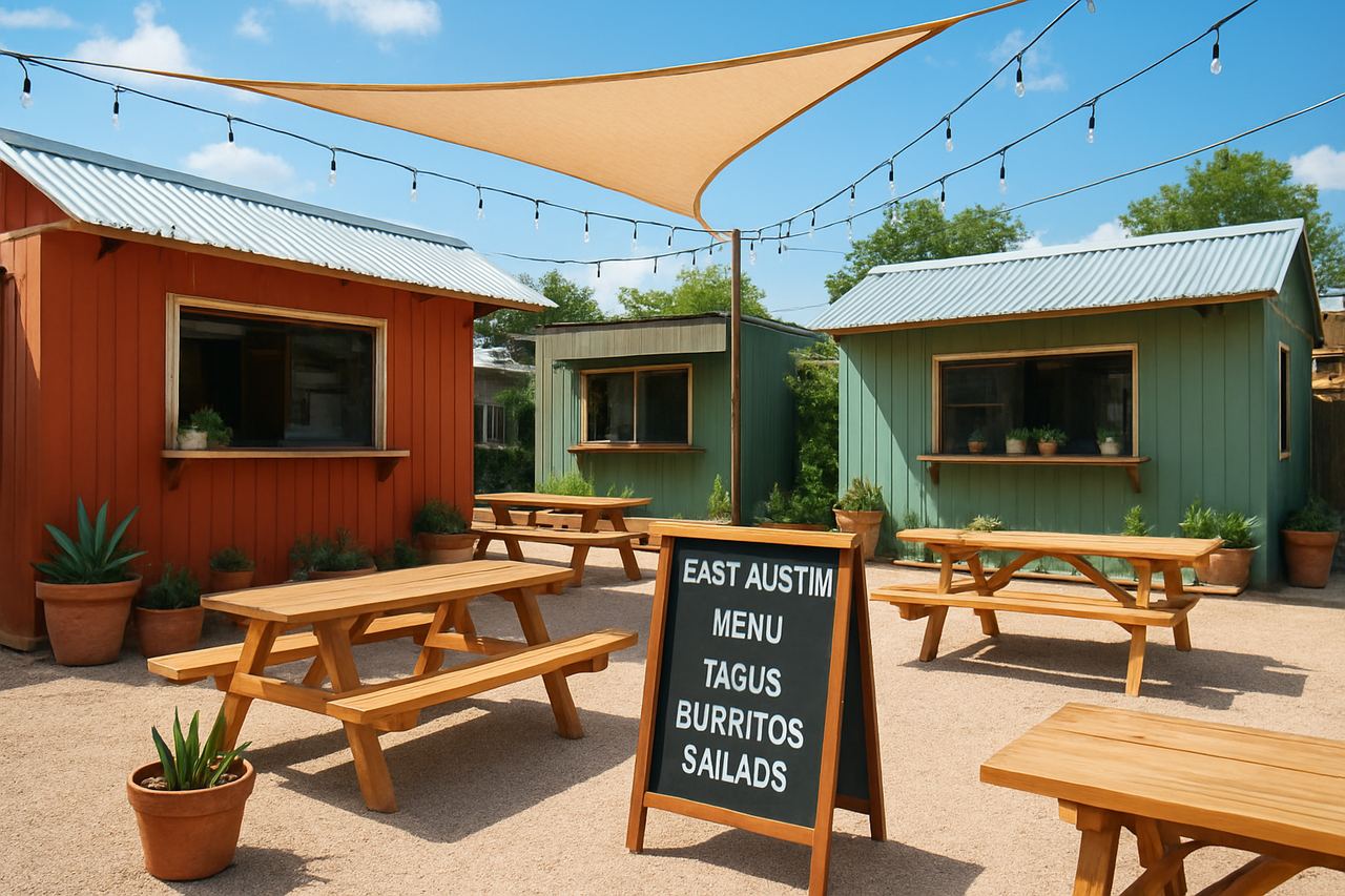 Daytime view of the food park courtyard with vendor stalls and picnic tables