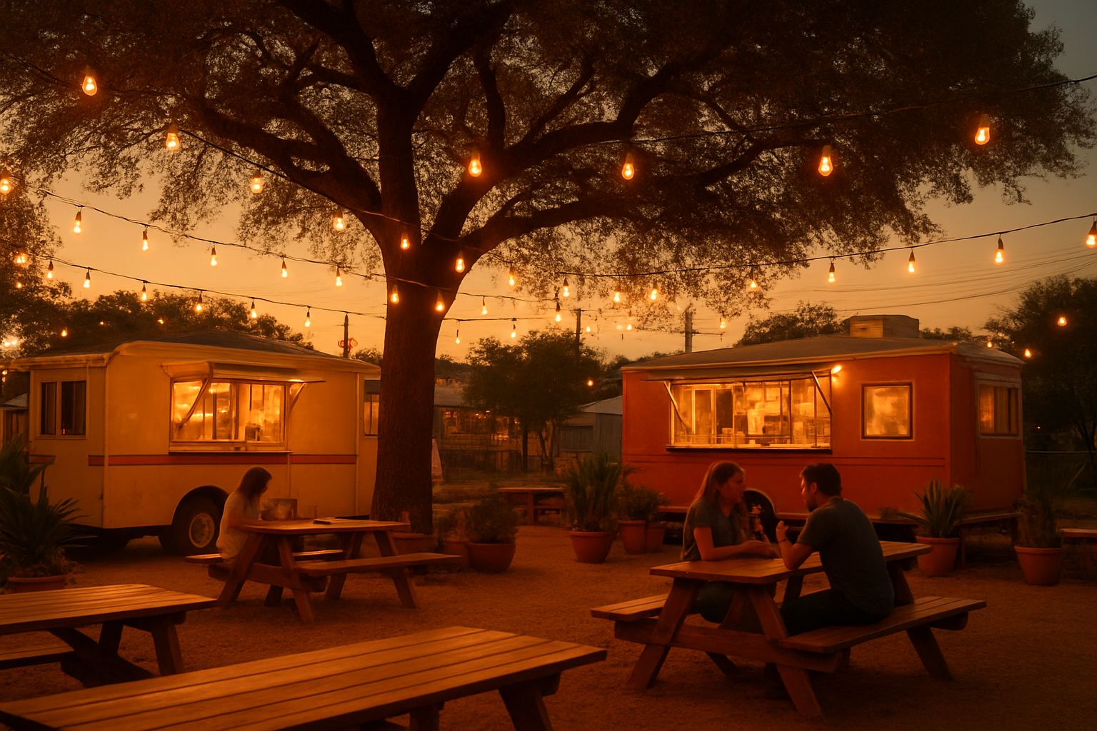 Evening at Arbor Food Park — string lights over picnic tables and food trucks