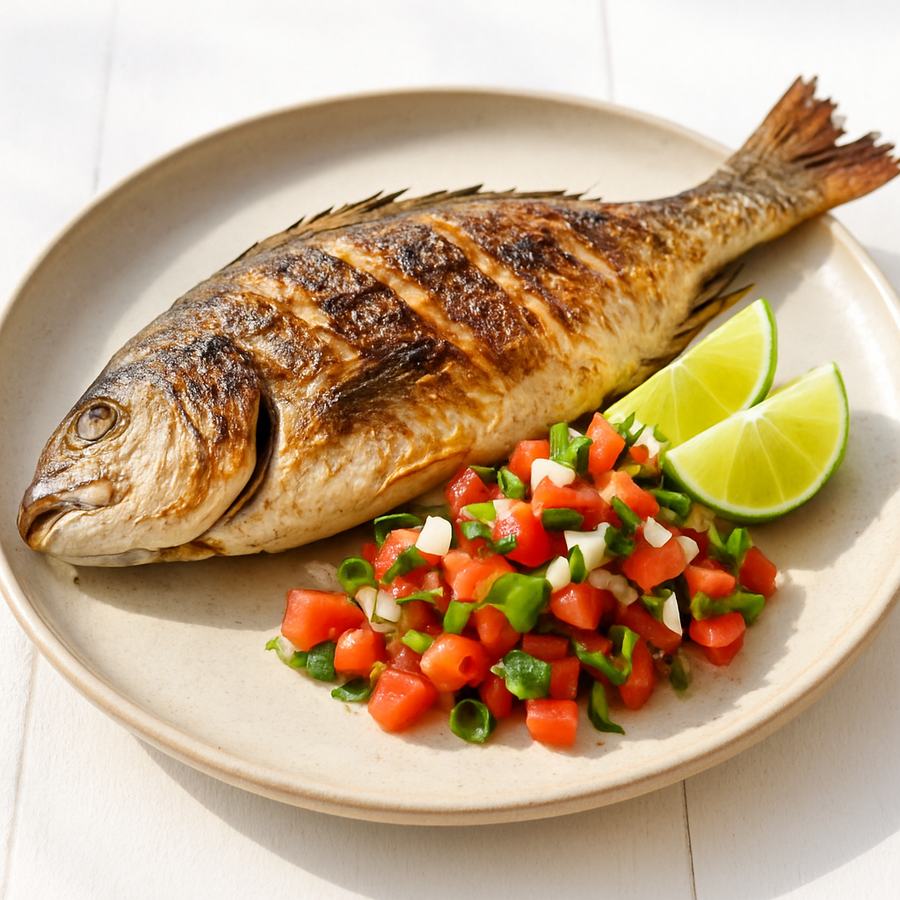 Grilled fish plate with lime and pico de gallo