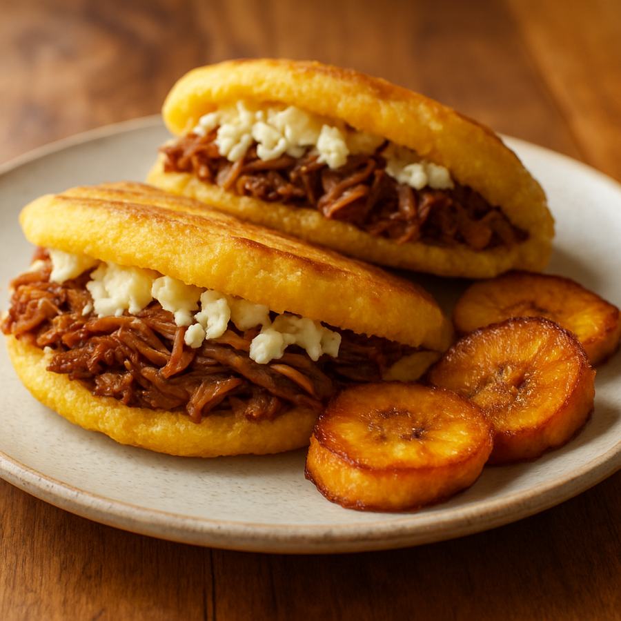 Golden arepas stuffed with beef and cheese