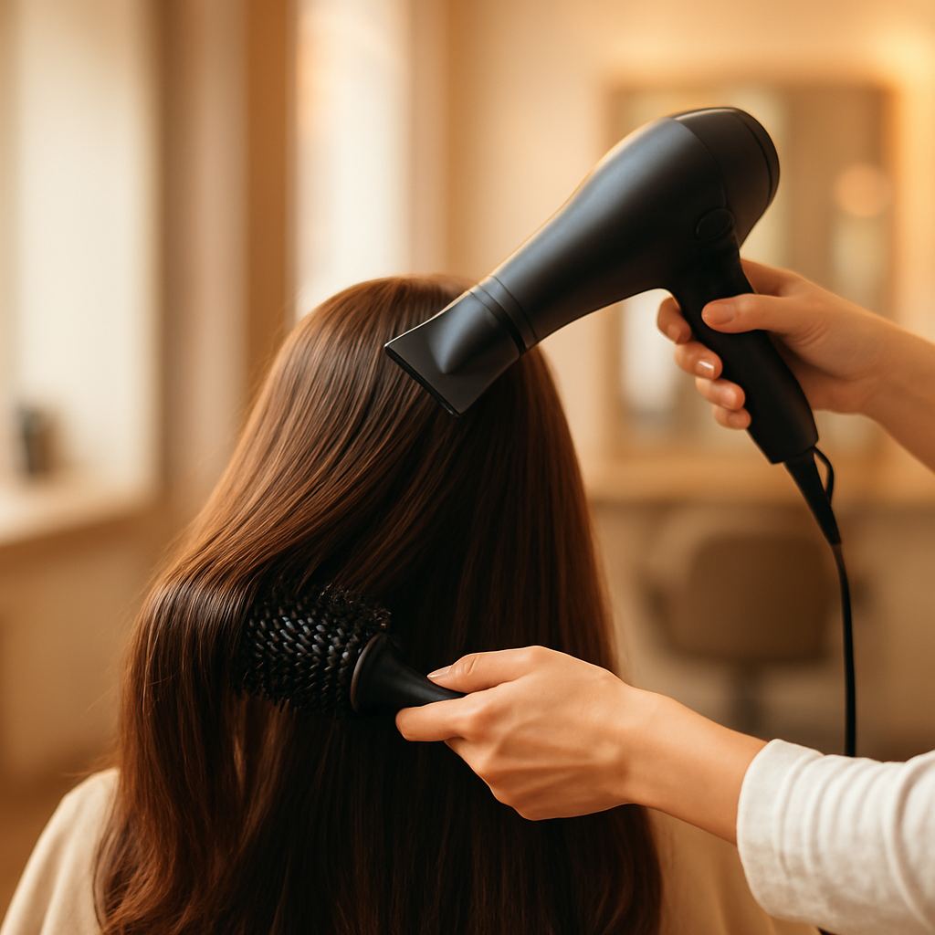 Stylist blow-drying a client's hair in the salon